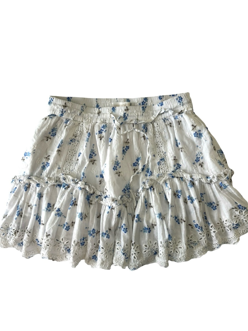 LoveShackFancy Becca Skirt Brilliant Blue Floral Eyelet Ruffle Mini M White